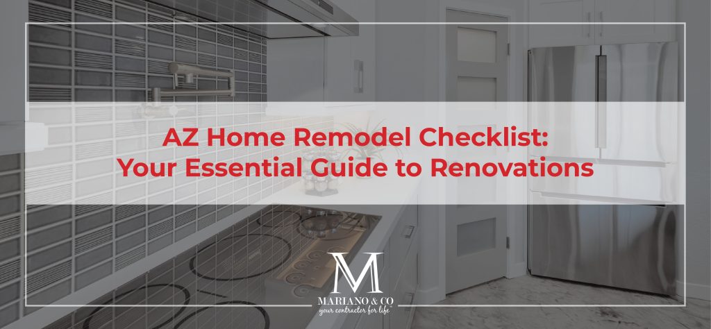 A remodeling checklist and floor plans laid out on a kitchen counter