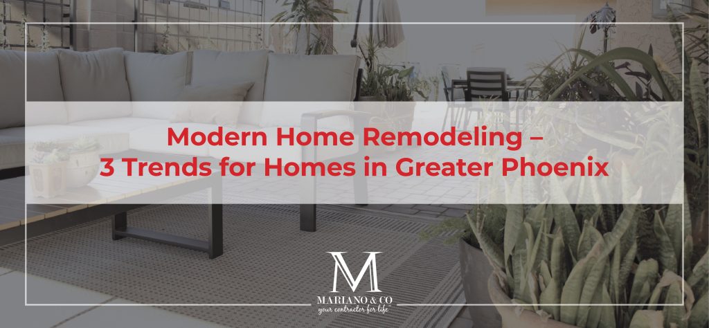 A modern Phoenix area home interior opening onto a shaded patio