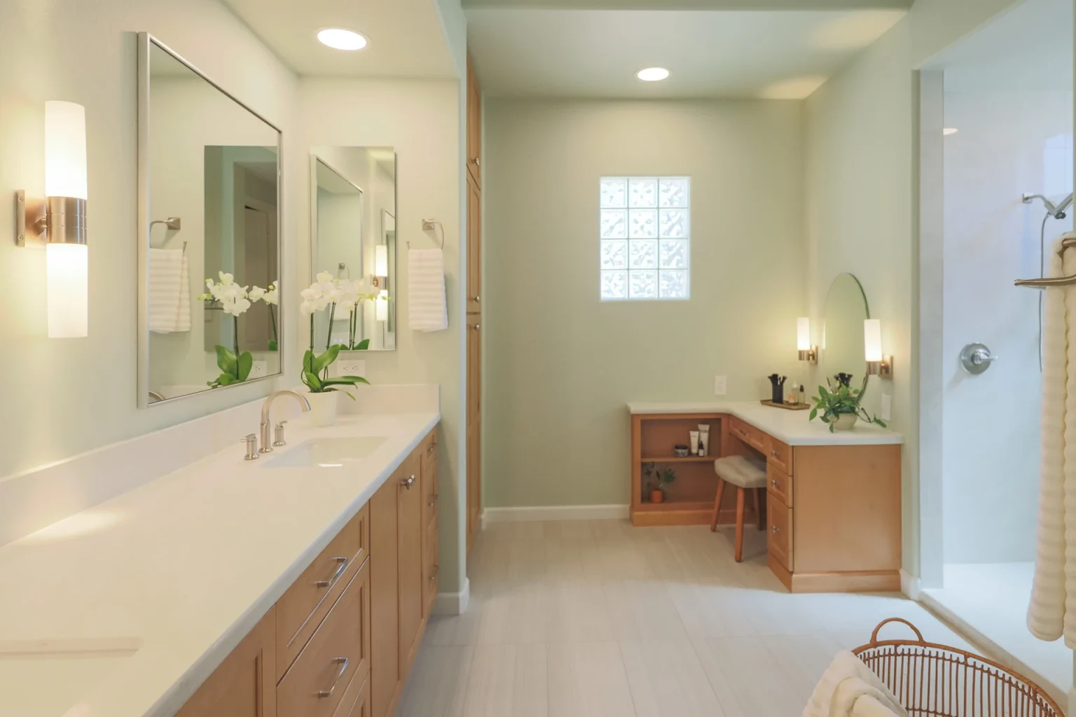 Serene green transitional master bathroom remodel in Chandler, Arizona
